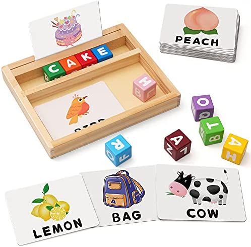 Coogam Wooden Blocks Spelling Game,  Color Alphabet Letters Matching Flash Cards ABC Cubes Sight... | Amazon (US)
