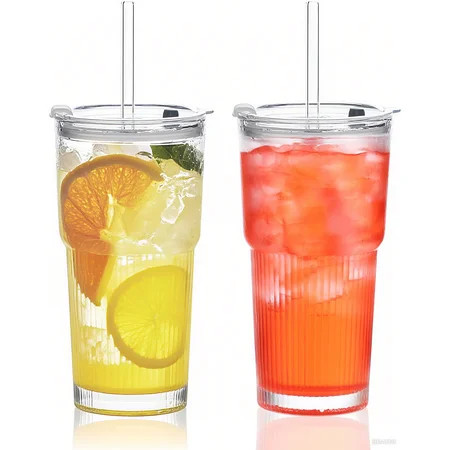 20 oz Ribbed Glass Tumblers with Lids and Straws, Ripple Iced Coffee Cups, Thickened Drinking Glasses for Coffee, Smoothies, Cocktail, Juice, Cold Drinks, Pack of 2 - Clear | Walmart (US)