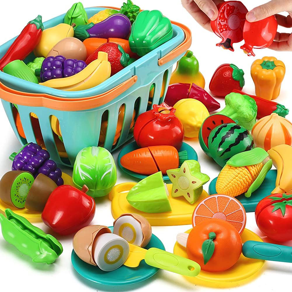 70 PCS Cutting Play Food Toy for Kids Kitchen, Pretend Fruit &Vegetables Accessories with Shopping S | Amazon (US)