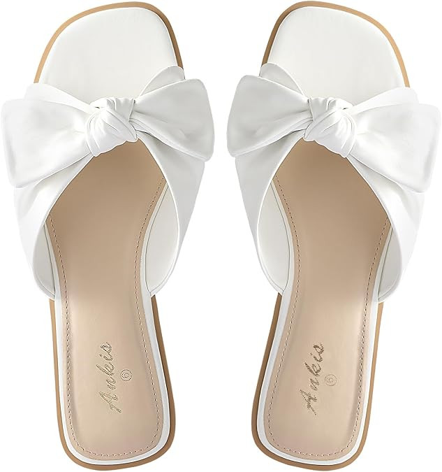 White Sandals Womens Bow Flat Sandals Dressy - Cute Summer Beach Sandals for Women 2026, Square O... | Amazon (US)