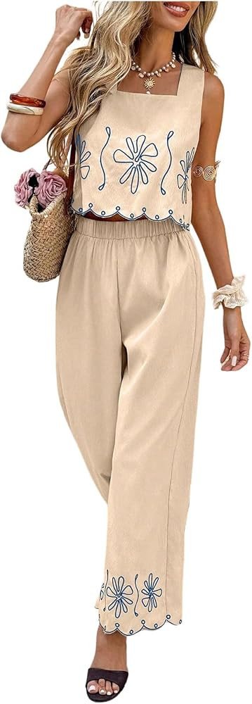 SHENHE Women's Summer Vacation Outfits 2 Piece Embroidered Crop Tank and Palazzo Pants Set | Amazon (US)
