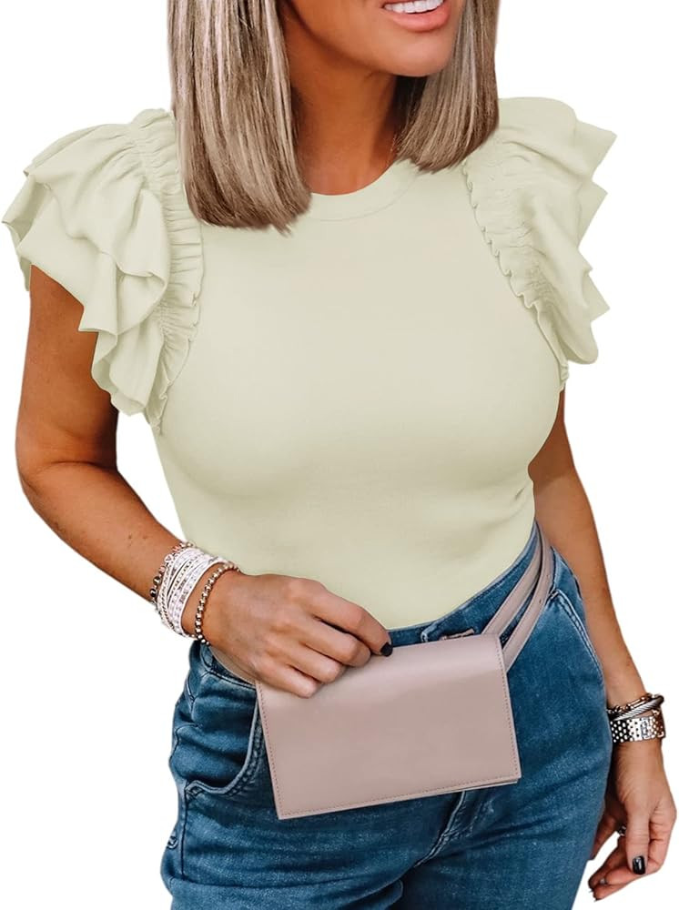 Womens Ruffle Short Sleeve Shirts Slim Fit High Neck Knit Ribbed Tops | Amazon (US)