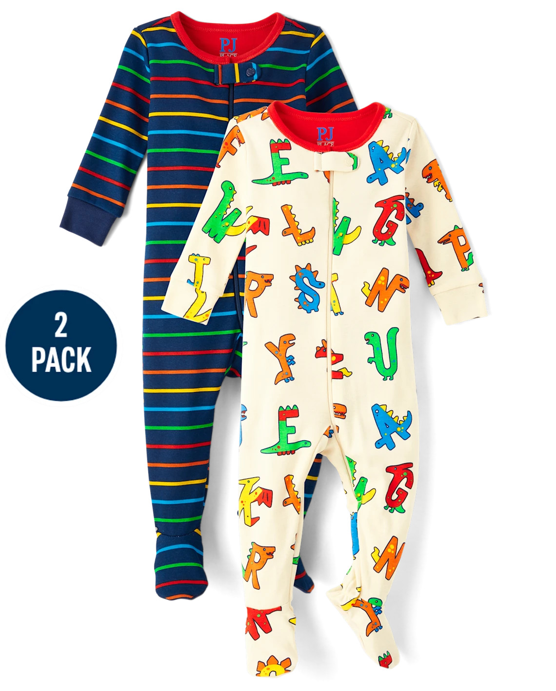 Baby And Toddler Dino Alphabet Striped Snug Fit Cotton Footed One Piece Pajamas 2-Pack - white | The Children's Place