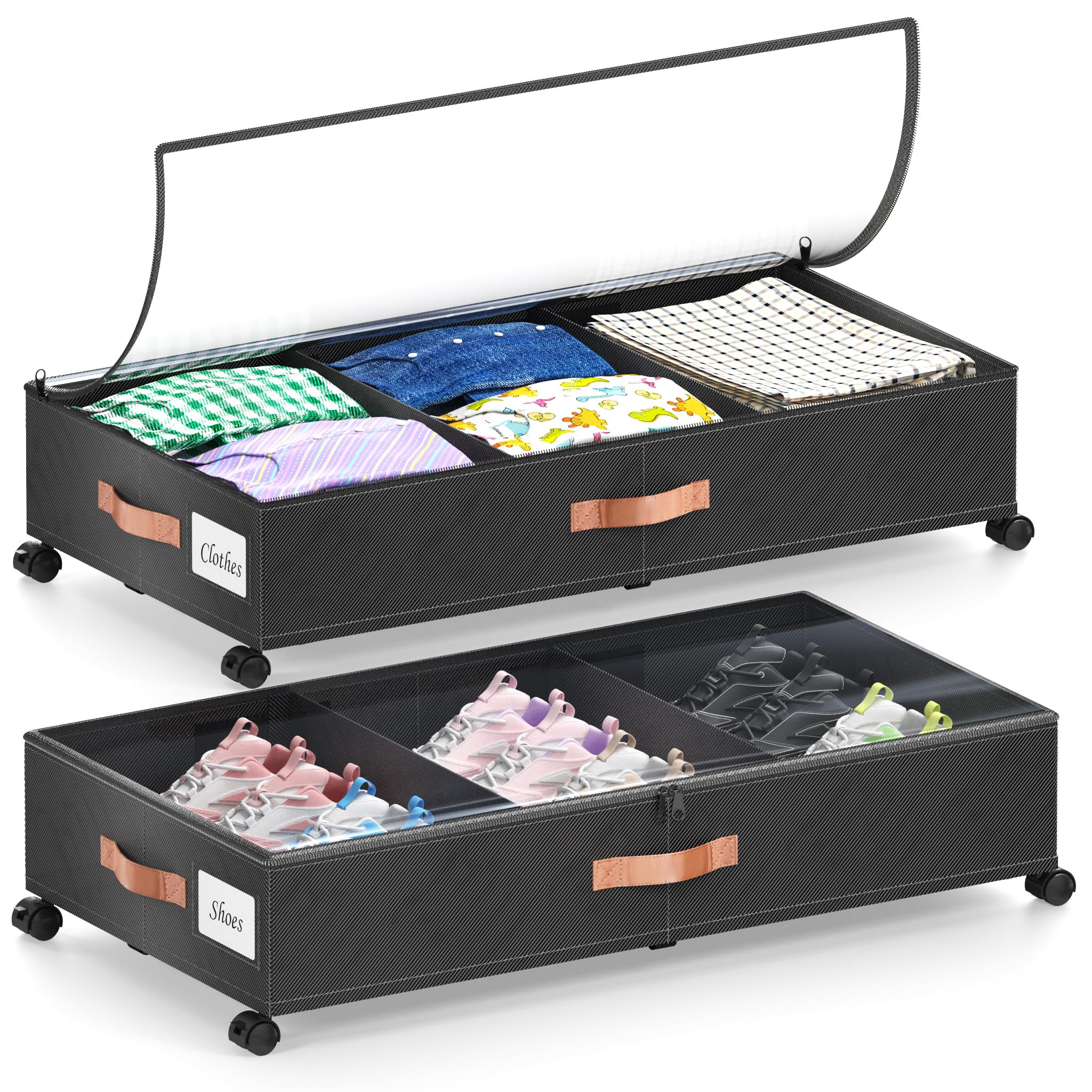 Under Bed Storage with Wheels, 2-Pack Under Bed Storage Containers with Clear Lids, XXL 65L Under the bed storage Organizer Bins, Rolling Under Bed Metal Drawer for Clothes,Shoes,Toys (Black) | Amazon (US)