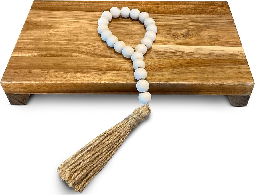 Lyfe Simple Natural Acacia Wood Pedestal Stand | Wood Riser with Decorative Beads | Kitchen Count... | Amazon (US)