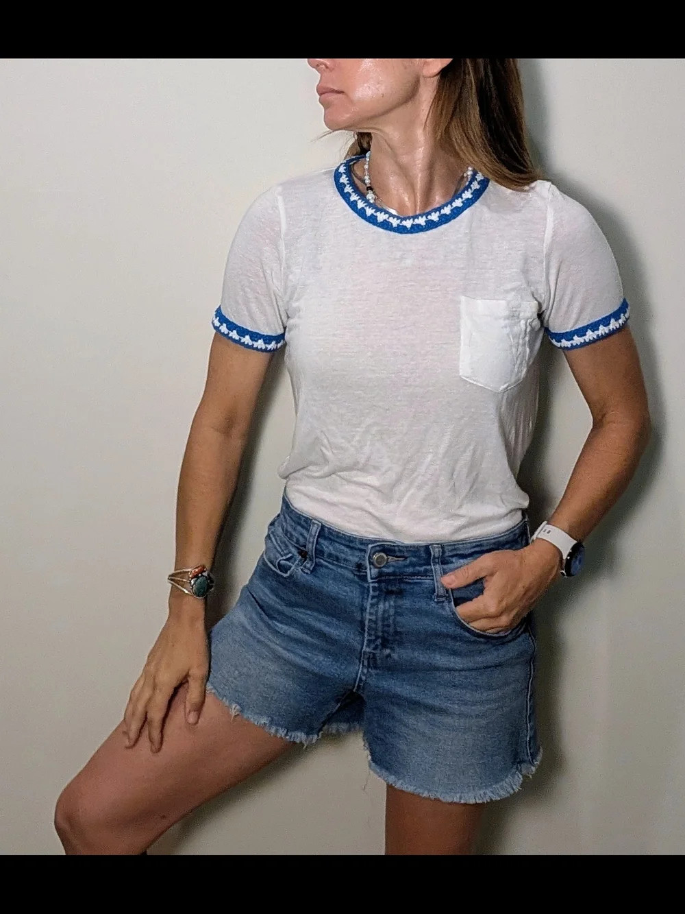 White & blue ringer tee with blue and white crochet around the collar and arms. | Poshmark