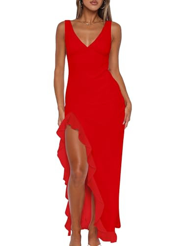 Mokoru Women's Sexy Bodycon V Neck Sleeveless Ruffle Hem High Slit Cocktail Party Maxi Dresses, Medium, Red | Amazon (US)