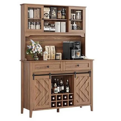 72" Farmhouse Bar Cabinet with Sliding Barn Door, Large Kitchen Buffet with Hutch, 2 Drawers, 8 Storage Shelves, Rustic Coffee Bar, Brown | Target