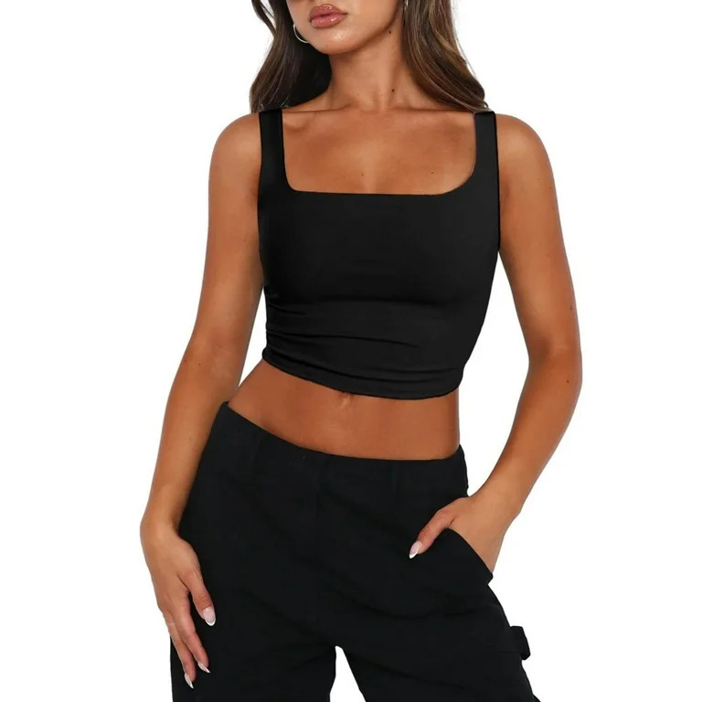 Womens Sleeveless Tanks Strappy Square Neck Skinny Cami Tops Basic Workout Fitness Crop Tank Top | Walmart (US)