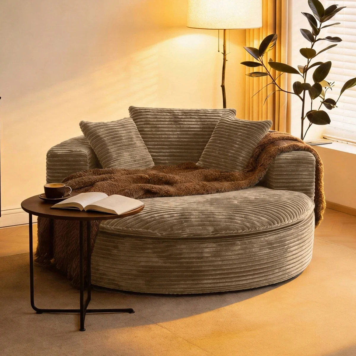 59" Oversized Round Chaise Lounge Chair & Sleeper Sofa Bed | Modern Corduroy Upholstery with Foam... | Wayfair North America