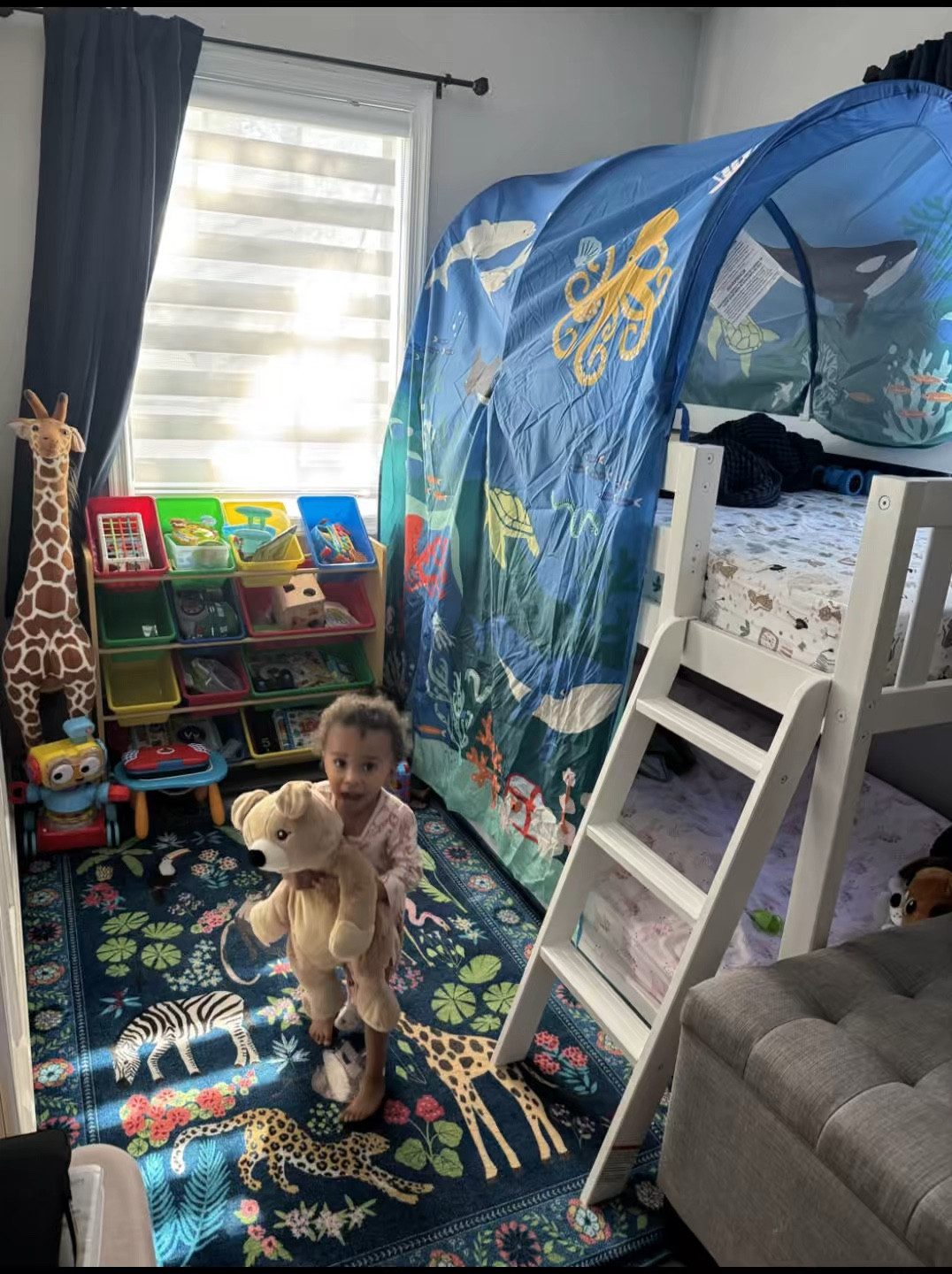 Welcome to Toddler Territory where bunk beds are the new cribs and there’s never a shortage of toys! 

Check out this twin-size bunk bed, perfect for my toddlers! The lower bunk sits flush with the floor, making it ideal for my youngest, while the sea-themed canopy adds an extra layer of fun for my oldest to enjoy. To complete the setup, we added a plush, colorful rug and convenient toy bins for easy storage, creating a playful and practical space they’ll love.

#LTKKids #LTKFamily #LTKHome