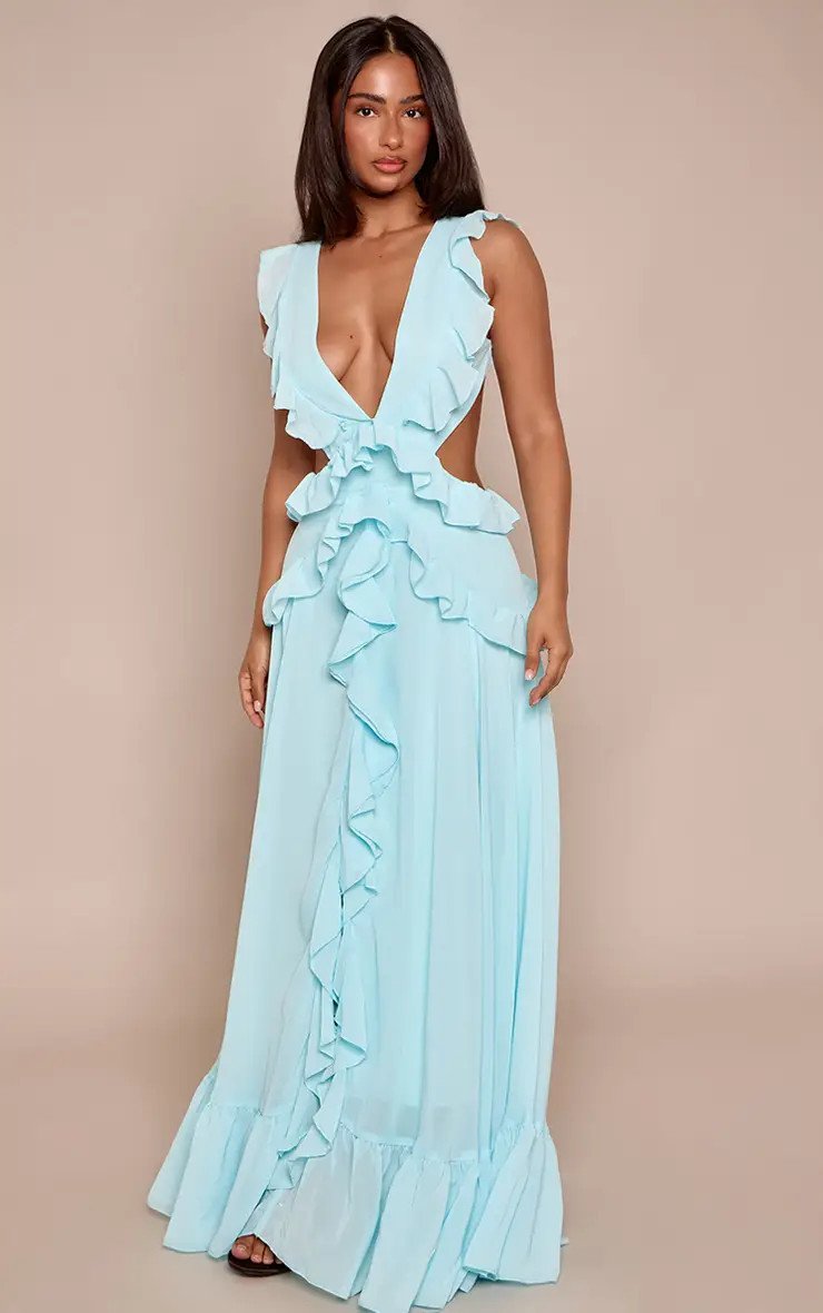 Petite Baby Blue Frill Maxi Dress | PrettyLittleThing UK