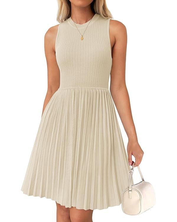ZESICA Women's Summer Sleeveless Mini Dresses 2024 Crewneck Knit A Line Pleated Swing Basic Short... | Amazon (US)