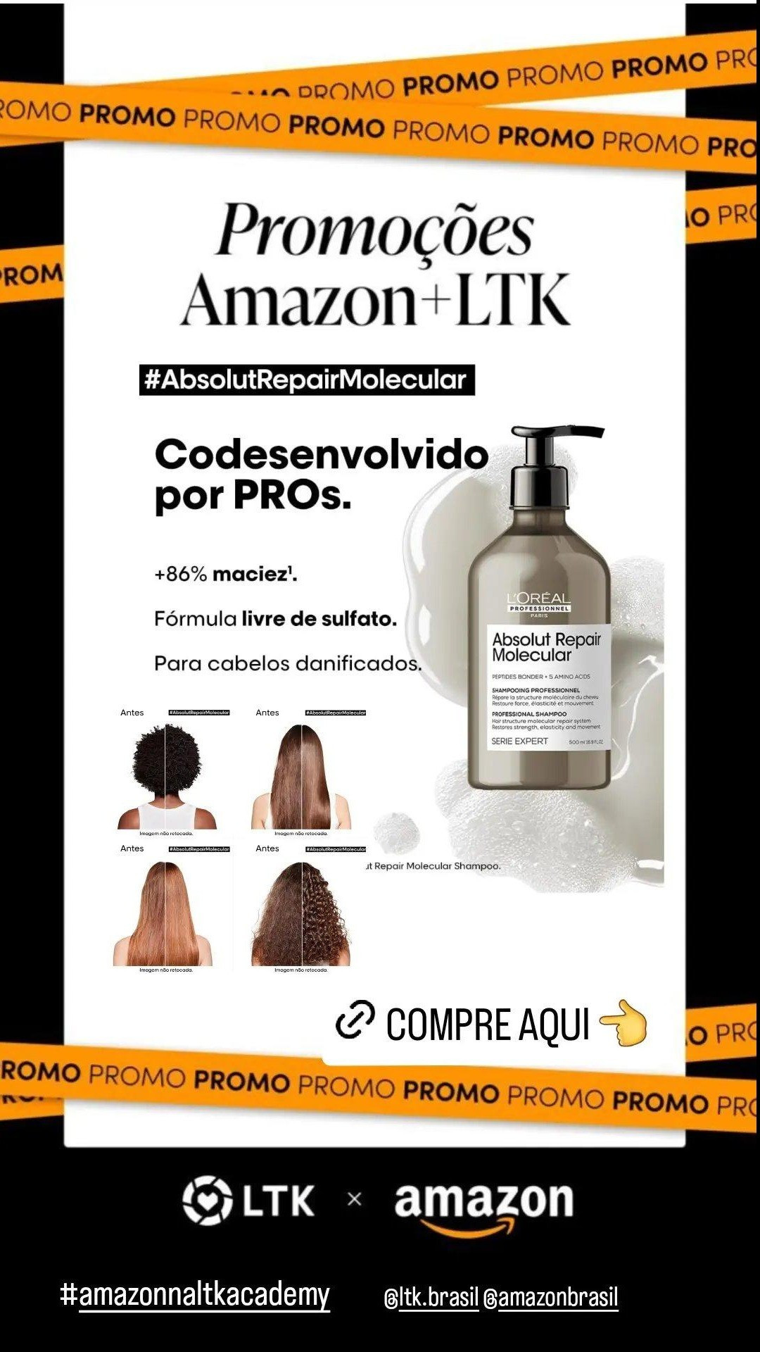 Quando o cabelo é danificado, sua estrutura molecular, composta de peptídeos, fica comprometida. Mas a maioria dos peptídeos é grande demais para ser injetada novamente na fibra, tornando o dano quase irreversível. Absolut Repair Molecular repara 2 anos de danos capilares com um único uso. Pela primeira vez, a Pesquisa Avançada da L'Oréal conseguiu decompor os peptídeos e injetar seus componentes separadamente na fibra. Uma vez lá dentro, eles reformam e reconstroem a estrutura molecular do cabelo. [TECNOLOGIA] Este shampoo formulado com peptídeos + 5 aminoácidos, repara a estrutura macromolecular do cabelo. O cabelo torna-se mais forte e nutrido, com maior elasticidade, mais movimento e +86% de maciez.[FÓRMULA PROFISSIONAL] Sem sulfato, a textura luxuosa da fórmula transforma-se numa espuma rica, limpando, desembaraçando o cabelo e proporcionando um alto nível de cuidado. [RECOMENDADO PARA TODOS OS CABELOS DANIFICADOS] Para todas as texturas de cabelos danificados, tingidos, clareados e naturais. [Esta gama foi desenvolvida em parceria com 3 especialistas em reparação: 

#LTKbrasil