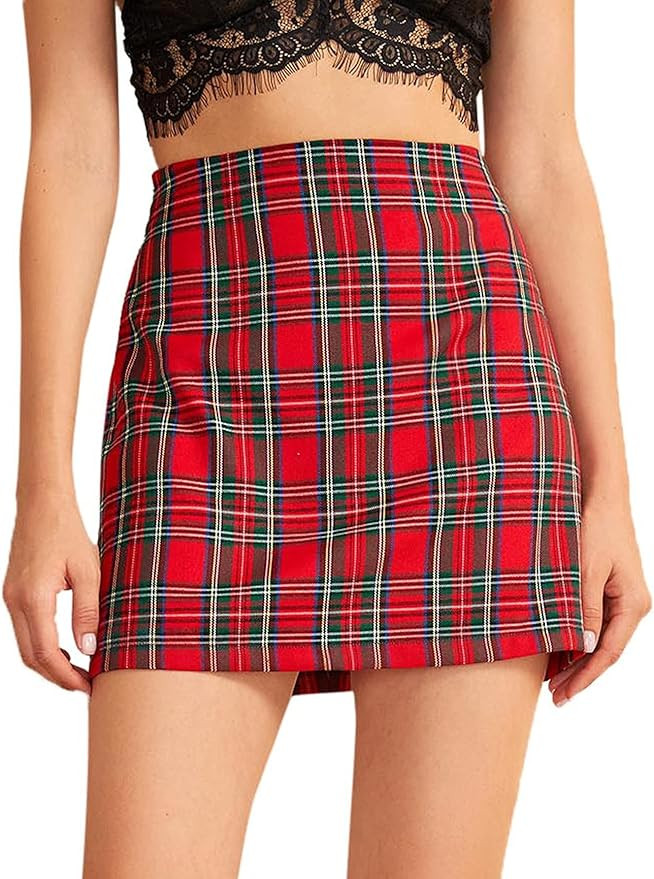 MakeMeChic Women's Plaid Skirt High Waisted Bodycon Pencil Mini Skirt | Amazon (US)