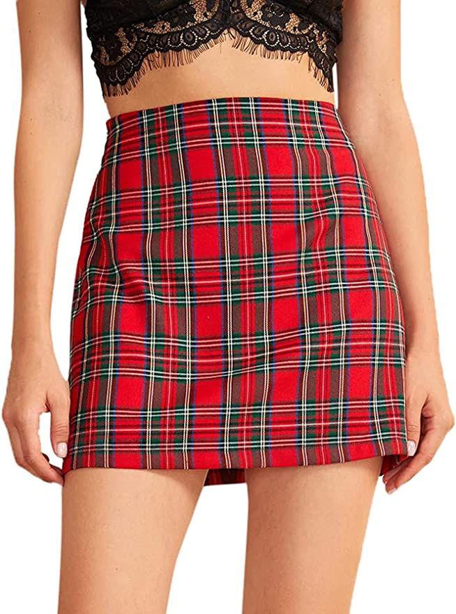 Amazon.com: MakeMeChic Women's Plaid Skirt High Waisted Bodycon Pencil Mini Skirt A Black red XS ... | Amazon (US)