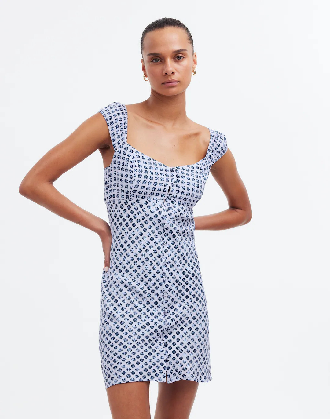 Cap-Sleeve Button-Front Mini Dress in Geometric Print | Madewell