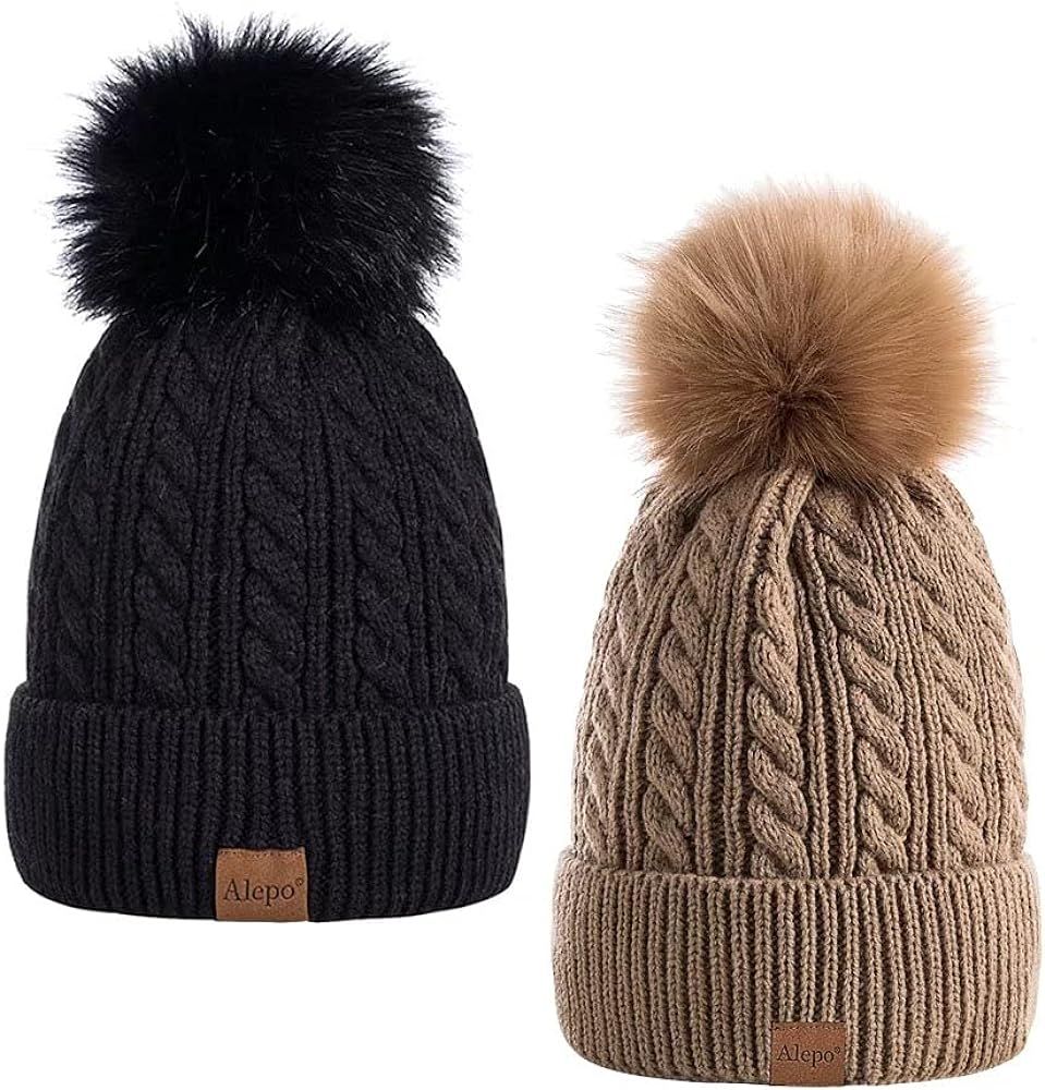 Alepo Womens Winter Beanie Hat, Warm Fleece Lined Knitted Soft Ski Cuff Cap with Pom Pom | Amazon (US)