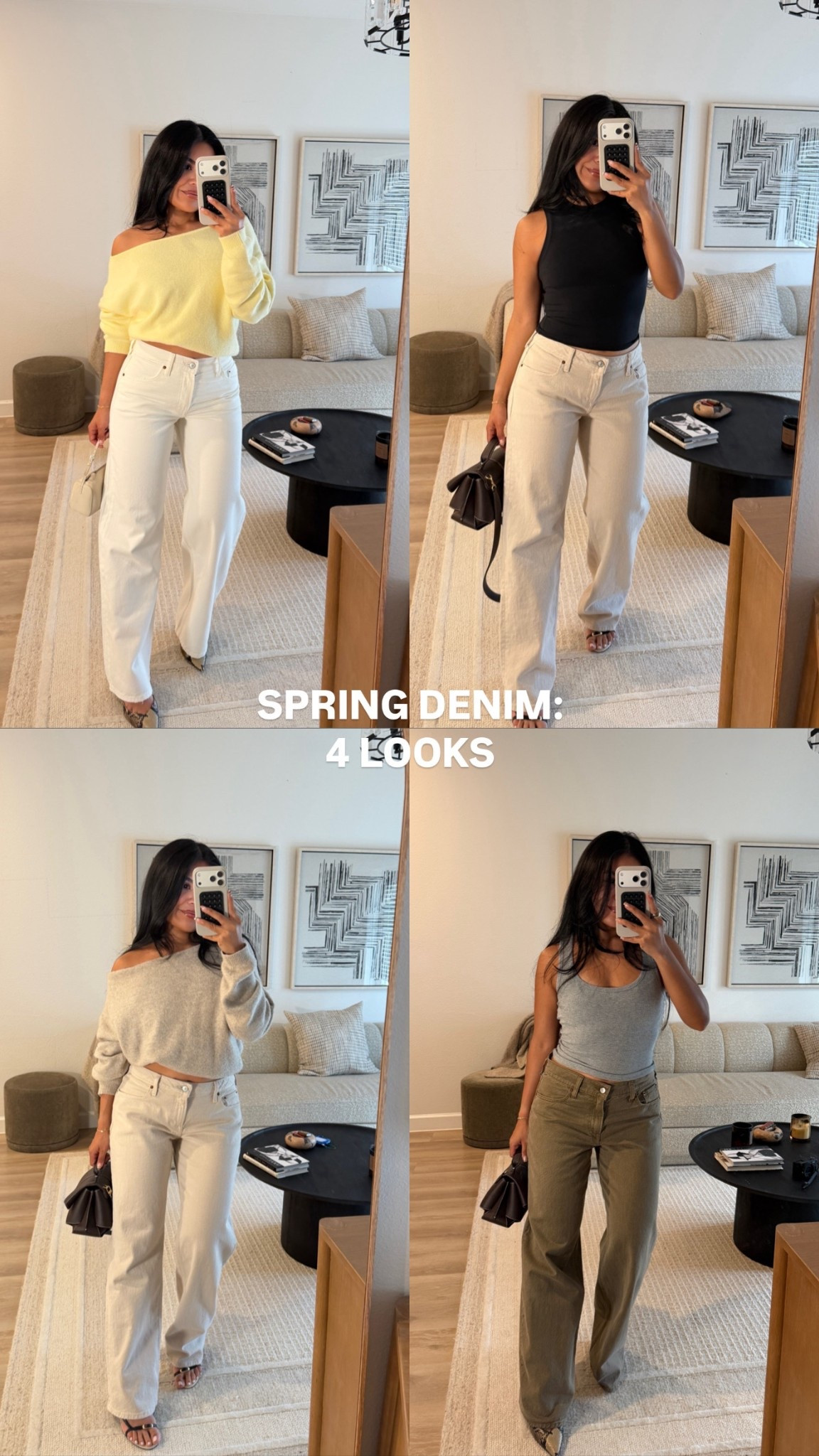 Nothing to wear spring formulas ☀️ SIZING:
White - 26
Beige + Olive - 27
Sweaters - XS
