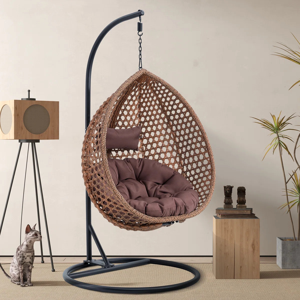Chaviano Modern Indoor Outdoor Wicker Egg Chair with C-Stand, Teardrop Swing Chair with UV-Resist... | Wayfair North America