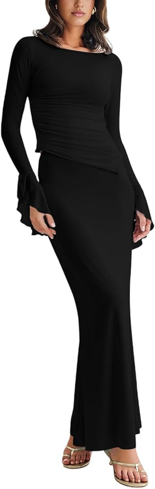 Lrady Womens 2 Piece Sets Long Sleeve Crewneck Cropped Top Slim High Waist Party Maxi Pencil Skir... | Amazon (US)