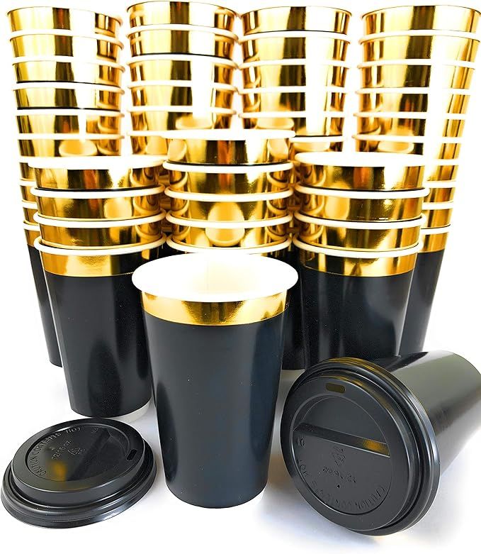 Gold Rim 16oz Double Wall Coffee Cups 40pcs + 10pcs BONUS - Disposable Paper Cup with Lids - Insu... | Amazon (US)