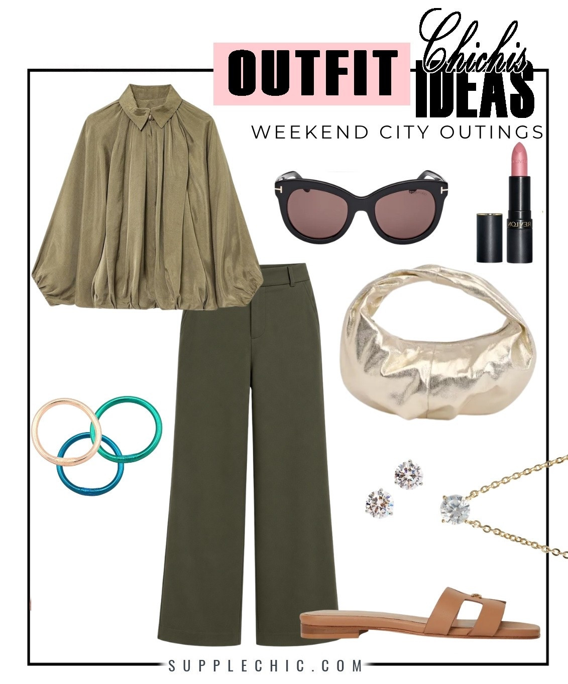 City days usually call for comfort first, but I still want to feel dressed. An airy olive blouse with wide-leg pants gives me that relaxed base, then metallic accessories and sunglasses make the whole outfit feel intentional.   easy weekend outfit, city weekend outfit, casual outfit for women, olive blouse, wide leg trousers, comfortable outfit, casual chic fashion, weekend fashion ideas

#LTKootd #LTKSeasonal #LTKMidsize