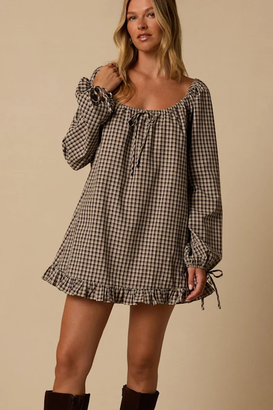 Brynn Beige Plaid Long Sleeve Dress | Lulus