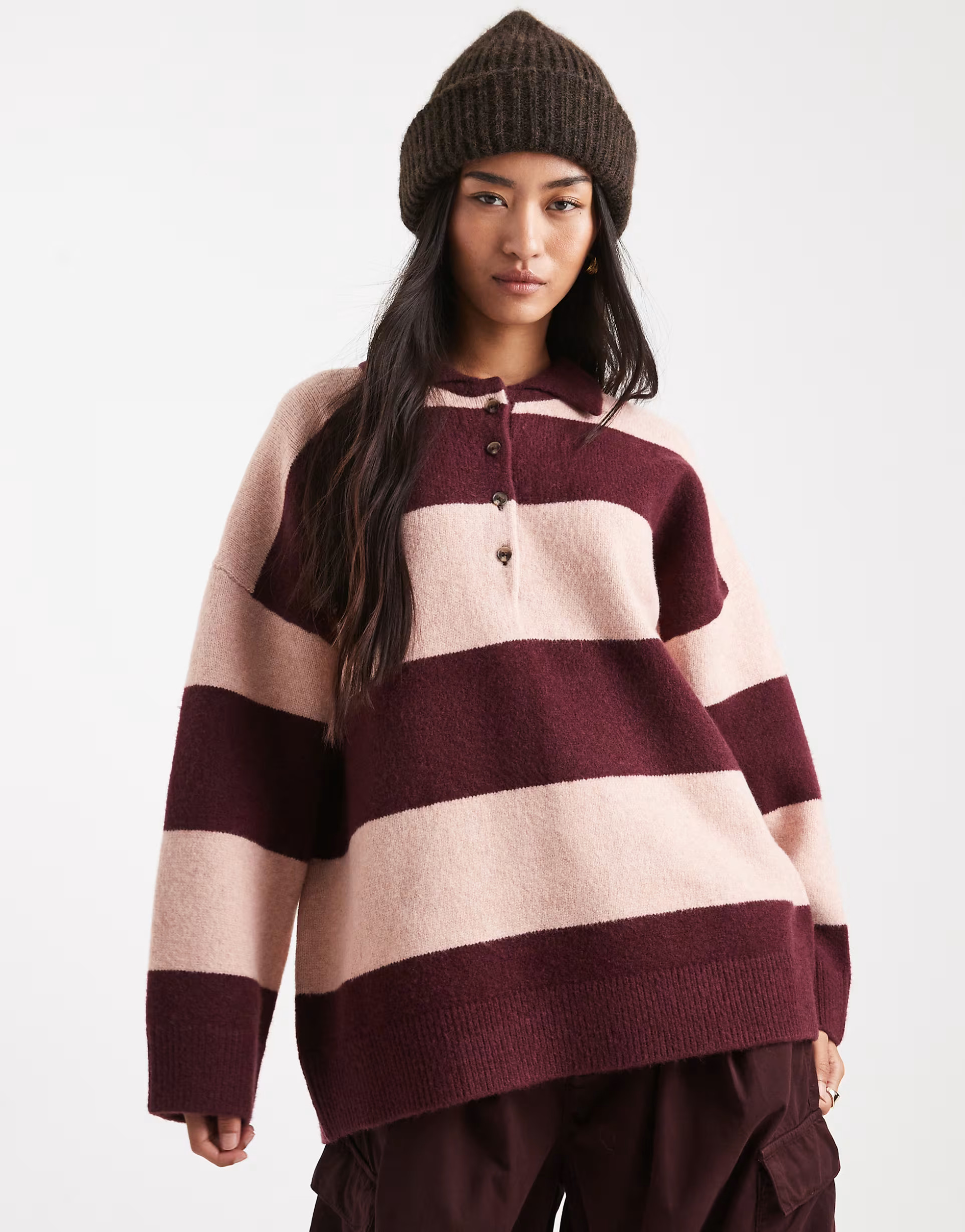 ASOS DESIGN knitted compact polo shirt in burgundy & pink stripe | ASOS (Global)