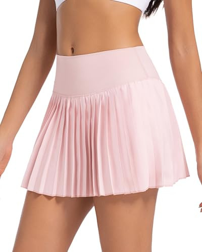 Betaven Pleated Tennis Skirt for Women with Shorts Pockets High Waisted Golf Skirts Flowy Athletic Skorts,Pink,Small | Amazon (US)
