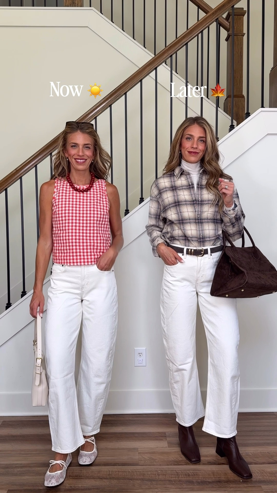 How to style white barrel leg jeans after Labor Day, specifically for the summer and fall. This pair is from Abercrombie and comes in multiple inseam options. I’m wearing my true size 27 long. There is also a curve love option for my girls who struggle with a gape in the back of their jeans. I linked  that as well under the similar section, it’s labeled curve love I’m wearing size small in the flannel medium in my gingham top the exact color of my turtleneck sold out, but I link the exact style Just in  the black color. I also linked a similar turtleneck and a similar color as well. @abercrombie  @Steve Madden US @Gigi New York

#LTKNYFW #LTKTall #LTKgrwm