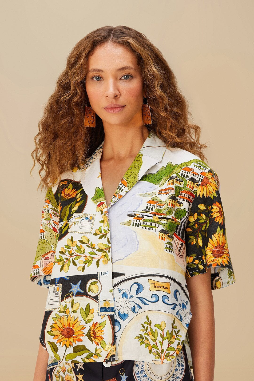 Multicolor Latin Trip Scarves Euroflax™ Premium Linen Crop Shirt | Farm Rio UK