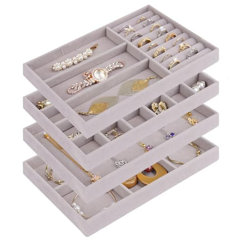 Cirhy 4 Stackable Jewelry Trays Organizer Set for Drawer, Jewelry Organizers and Display Case Storage, Velvet Drawer Inserts Organizer for Necklace Bracelets Earrings Organizer, Gift For Her, Grey | Amazon (US)