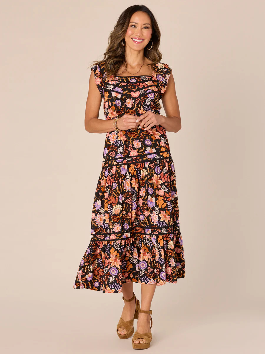 Double Ruffle Sleeve Square Neck Printed Tiered Petite Woven Dress | Democracy Clothing