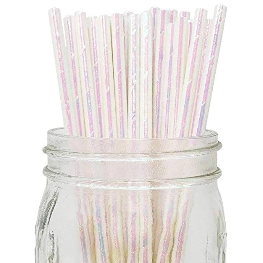 N//C Iridescent White Papers Straws, 7.75'' Cocktail Drinking Straws For Party Pack Of 100 | Amazon (US)