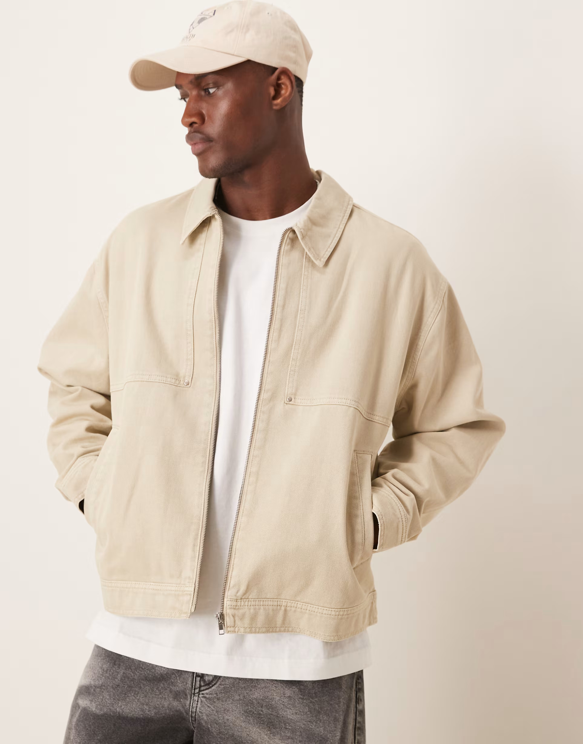ASOS DESIGN oversized washed harrington jacket in stone | ASOS | ASOS (Global)