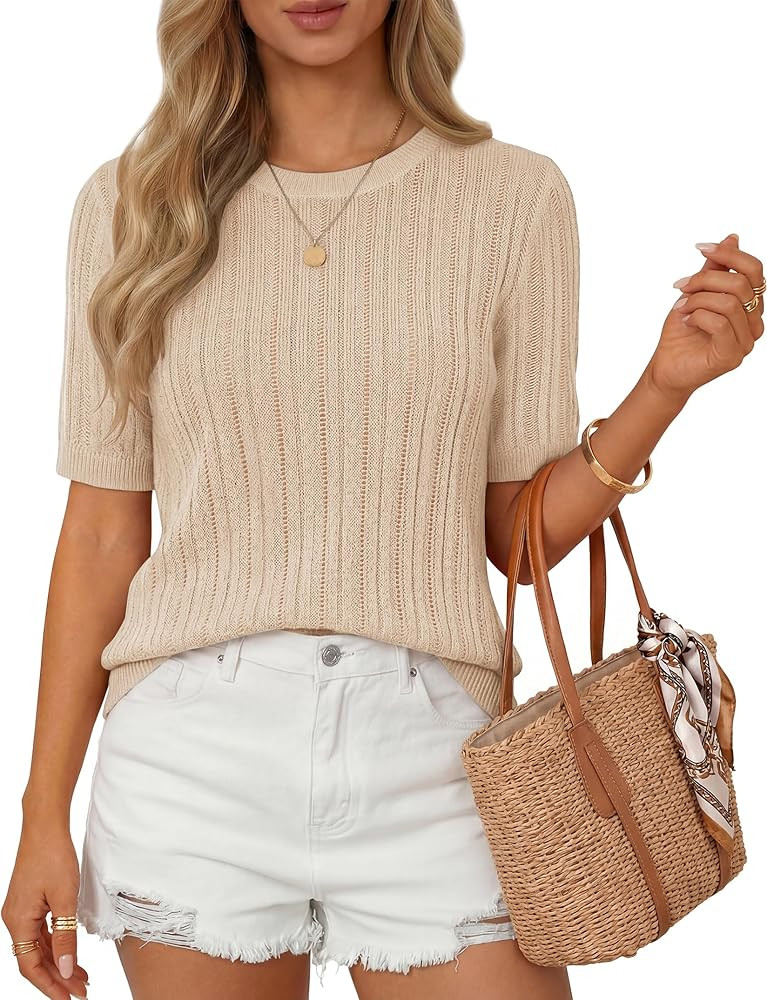 ZESICA Womens Summer Short Sleeve Knit Tops 2026 Crewneck Crochet Sweater Tops for Women Casual T... | Amazon (US)