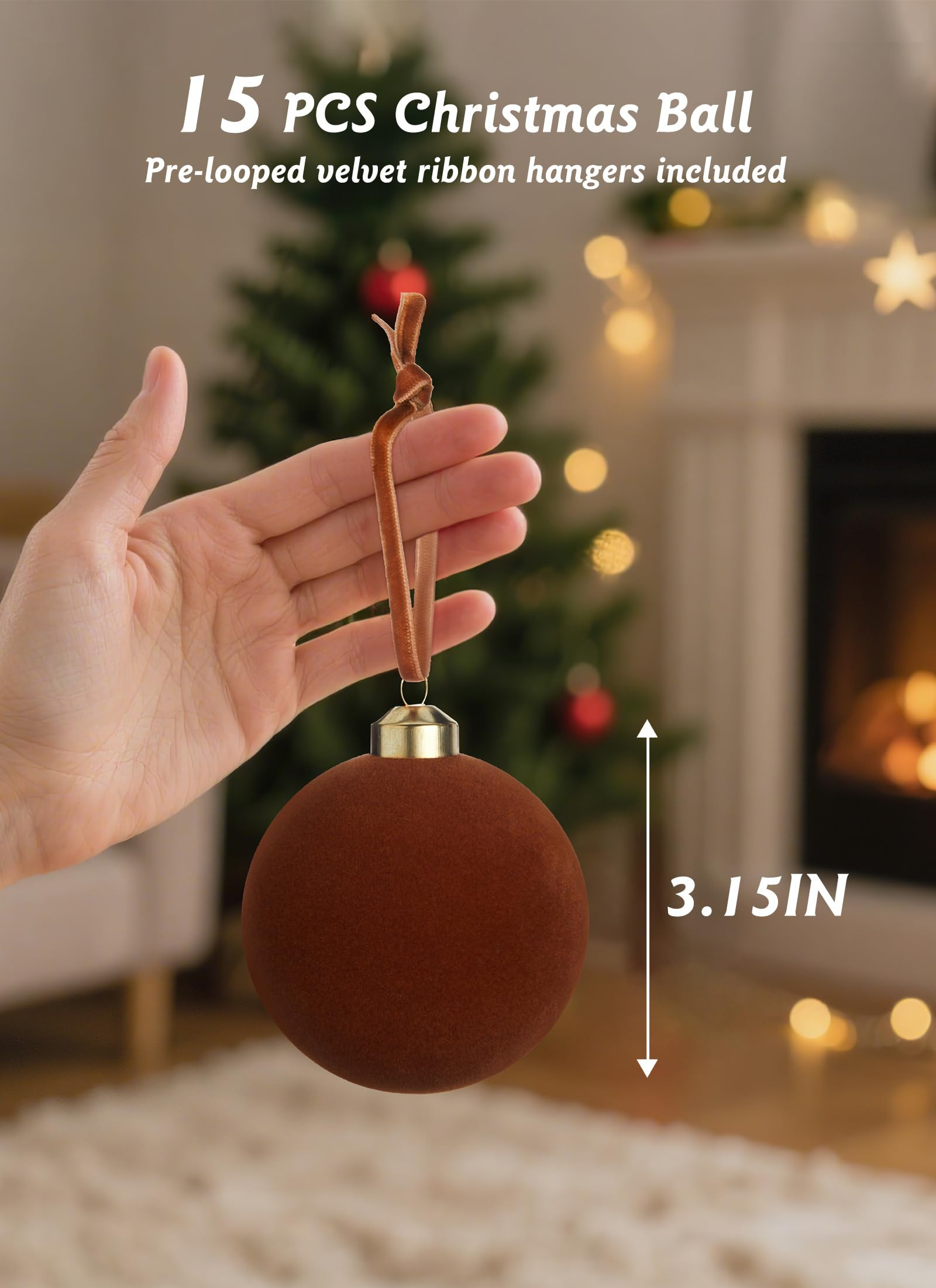Brightown 15 Pcs Brown Velvet Christmas Balls, 3.15 Inch Velvet Ornaments for Christmas Tree, Chr... | Amazon (US)