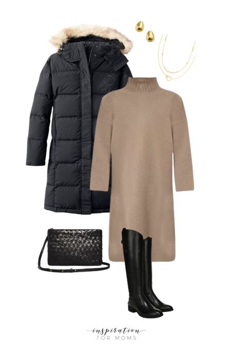 Winter outfit featuring puffer coat, sweater dress, knee high boots, crossbody bag, layering necklace and huggie earrings 
Winter capsule wardrobe, cozy outfit, casual winter outfit, winter wardrobe 


#LTKSeasonal #LTKover40 #LTKstyletip