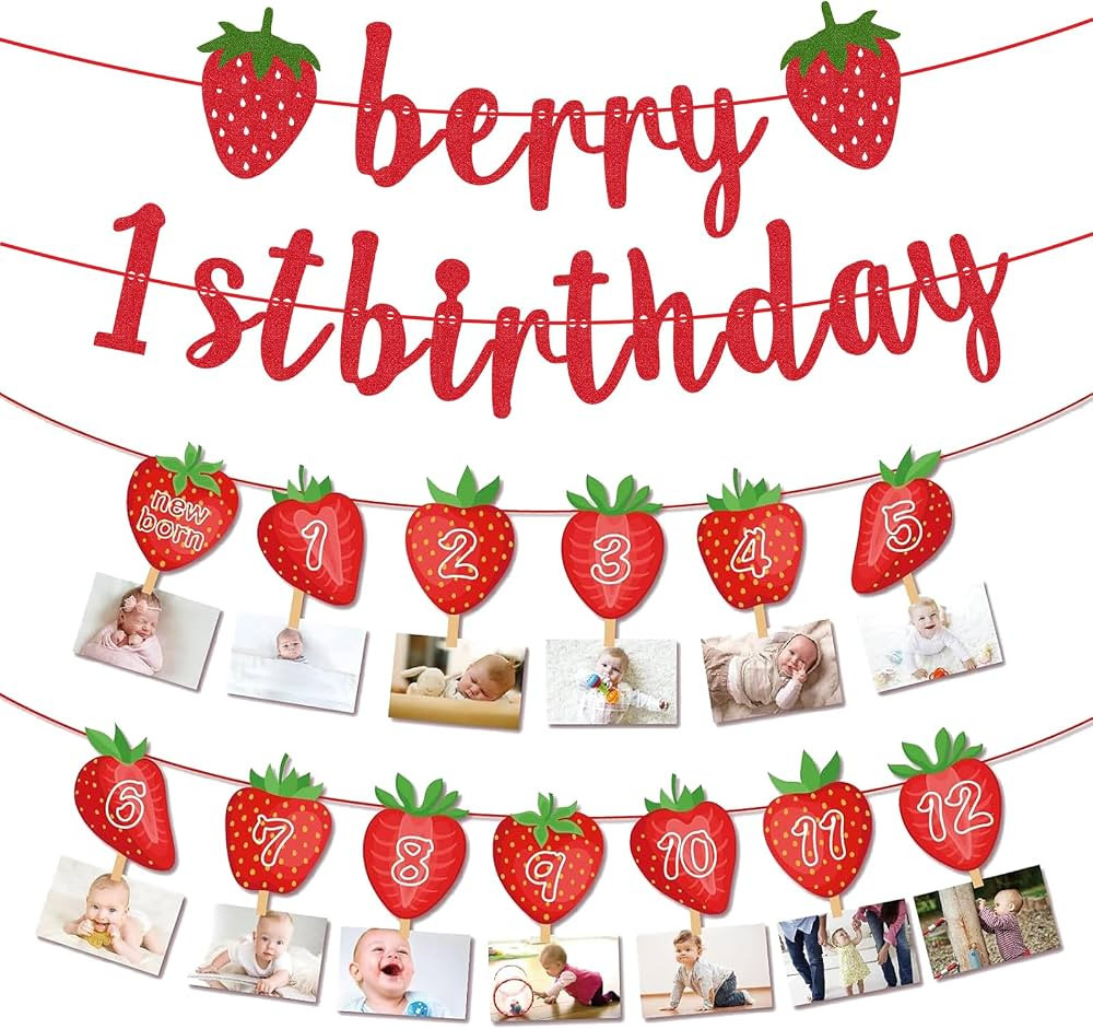 Strawberry First Birthday Decor,Berry 1st Monthly Photo Banner,Berry First Birthday Banner for Gi... | Amazon (US)