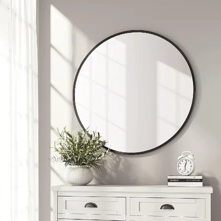 Ebern Designs Romar Round Metal Framed Wall Mounted Bathroom / Vanity Mirror in Black | Wayfair | Wayfair North America