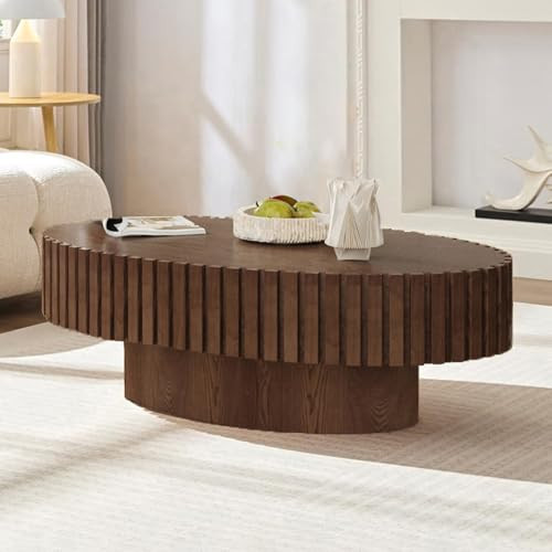Oval Brown Coffee Table for Living Room Oval Drum Fluted Coffee Table Modern Handcrafted Fluted Drum Coffee Tables for Living Room (Walnut) | Amazon (US)