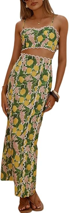 ksotutm Skirt Sets Women 2 Piece Outfits Sexy Two Pc Sleeveless Halter Crop Top Print Maxi Long S... | Amazon (US)