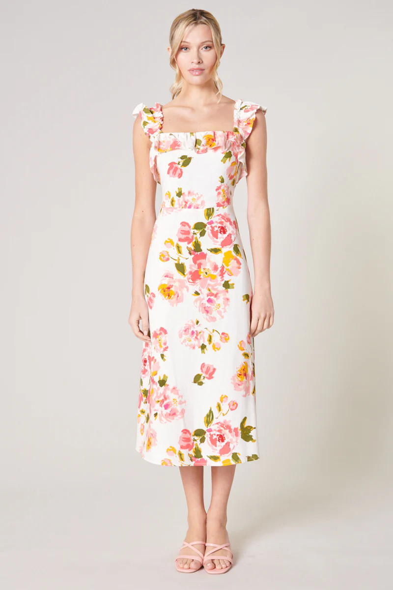 Magdalena Floral Ruffle Trim Milo Midi Dress | Sugarlips