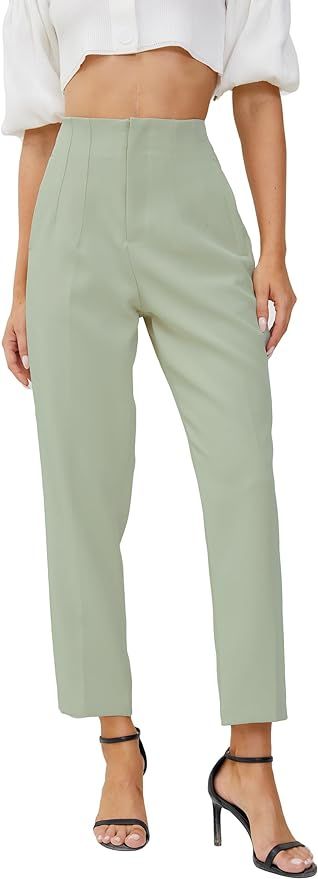 Women's High Waisted Business Trousers Straight Leg Pleated Office Slacks Pants | Amazon (US)