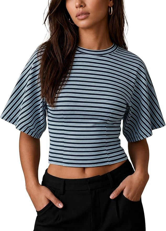 CHYRII Womens Summer Tops Lyocell Striped Batwing Short Sleeve T Shirts | Amazon (UK)