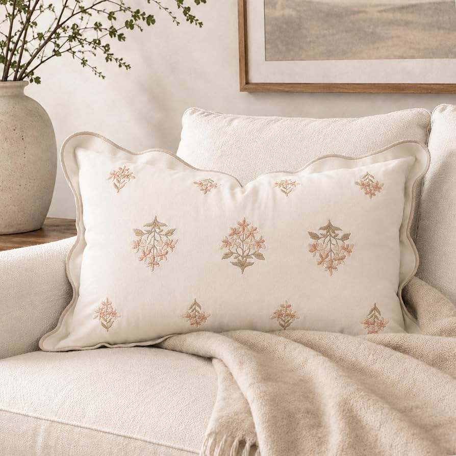 BlissBlush Lumbar Pillow Cover 12x20, Cream White Velvet Decorative Lumbar Pillow Cover, Ivory Fl... | Amazon (US)