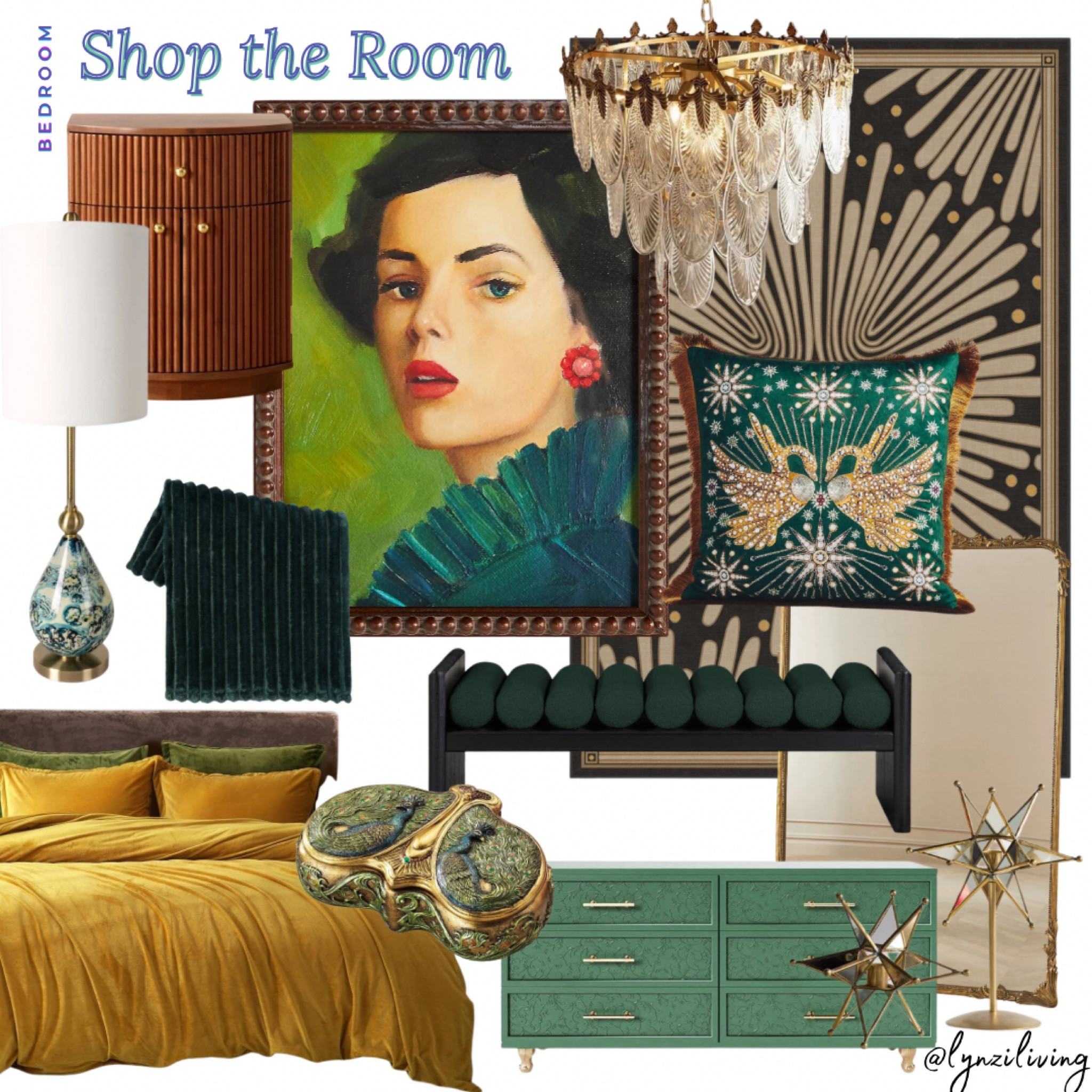 Shop the Room - Bedroom 

Art deco, art nouveau, jewel tones, emerald green, gold accents, bedroom inspiration, bedroom inspo, bedroom design, bedroom decor, bedroom decorations, walnut nightstand, tall table lamp, green table lamp, gold duvet set,
Mustard duvet set, green dresser, Wayfair dresser, wayfair furniture, peacock trinket box, black bench, bedroom bench, bedroom furniture, bedding, green wall art, framed wall art, Anthropologie home, art deco chandelier, art deco area rug, black area rug, gold floor mirror, Anthropologie mirror, celestial throw pillow, swan throw pillow, soft green blanket, green throw blanket

#LTKhome