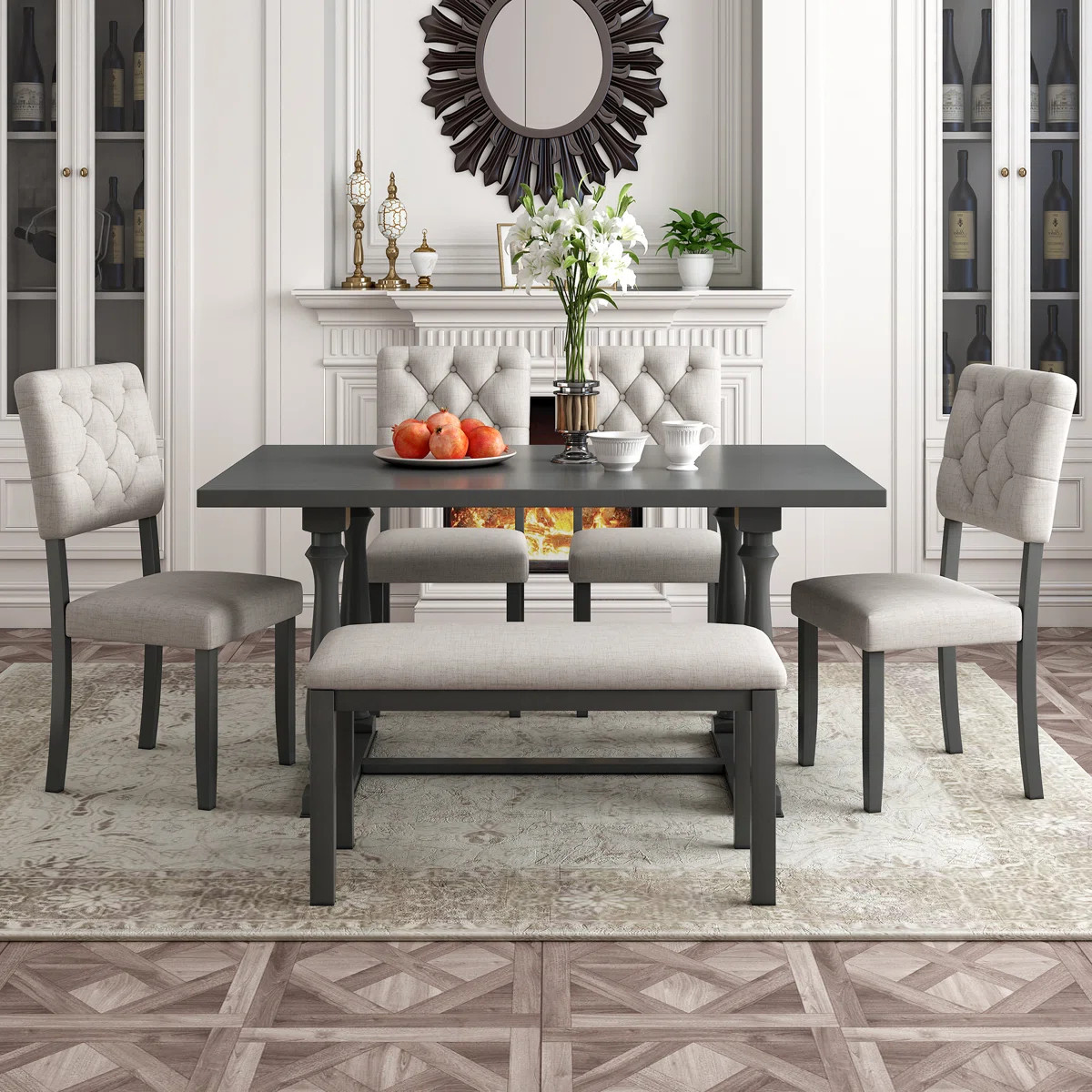 6-Piece Dining Set, with bench, Tufted Upholstered Chairs, Table with Turned Legs, Vintage Farmho... | Wayfair North America