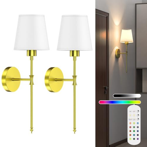 viyawise Stylish Battery Operated Wall Sconce, Set of 2 Wireless Wall Lights for Bedroom and Living Room, Remote-Controlled Wall Lamps with 12 Color Modes for Cozy Ambiance (Golden) | Amazon (US)